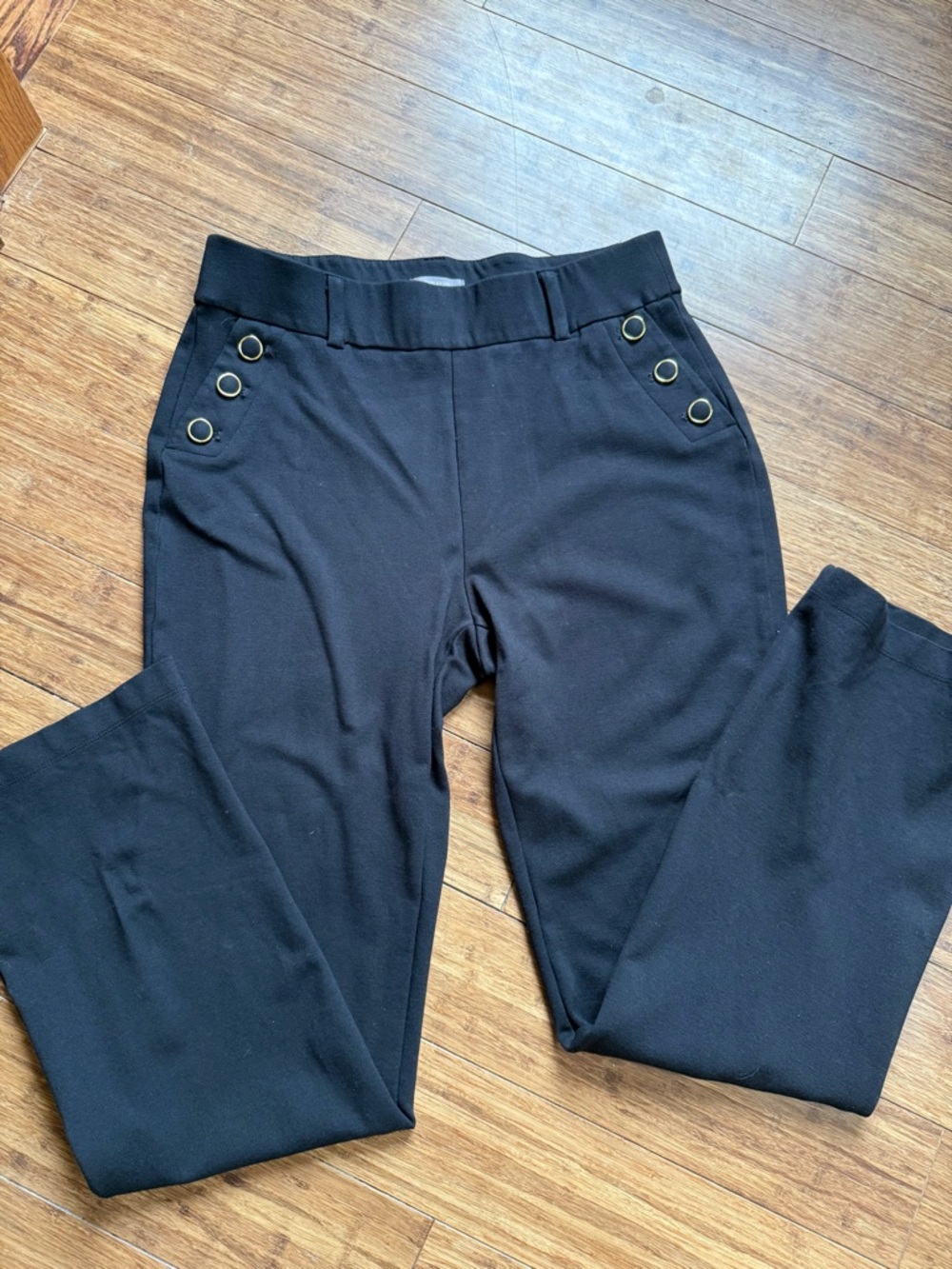 Maurices Black Straight Leg Ponte Pants with Gold Grommet Detail
